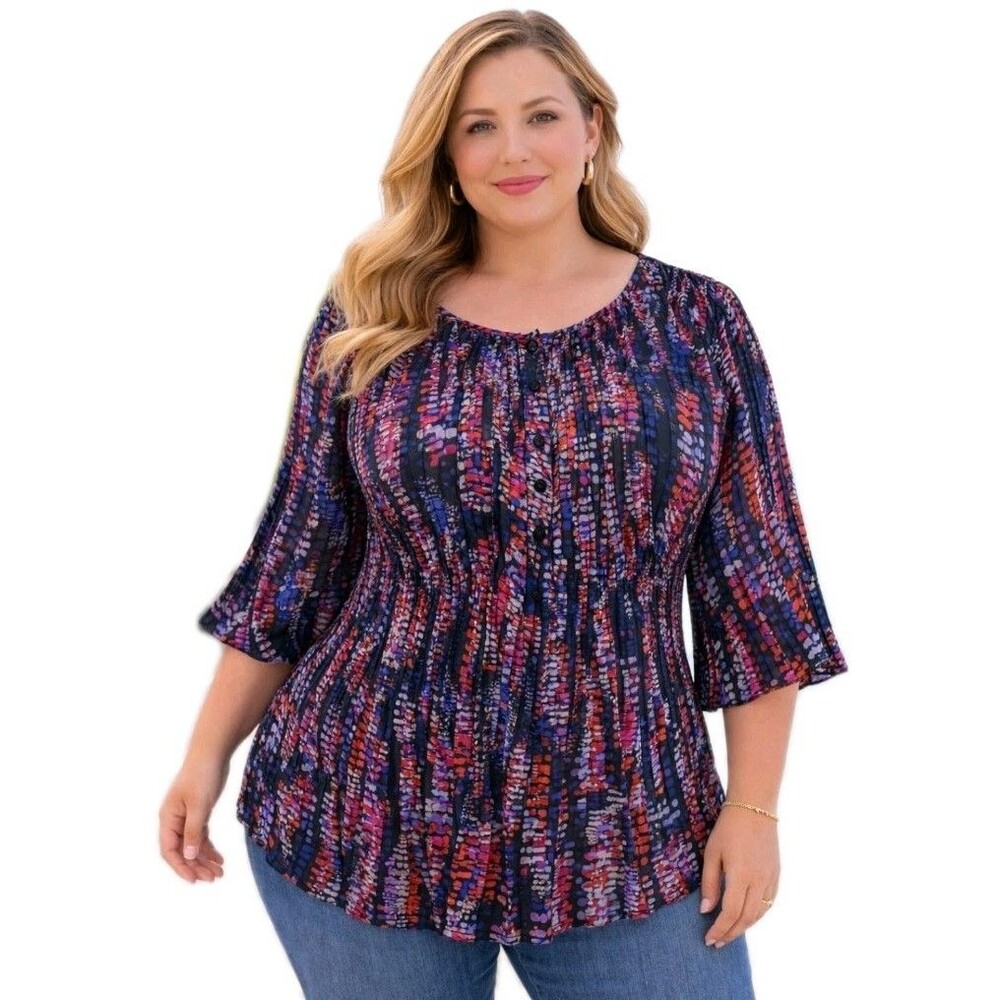 FASHION BUG Women 1X Accordian Pleats Semi-Sheer Bell Sleeve Top Colorful Print